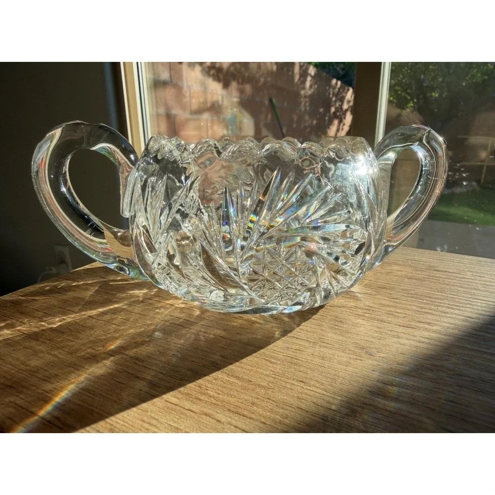 Vintage Cut Glass Crystal Serving Set Starburst Diamond Pattern 5 Pc Collection
